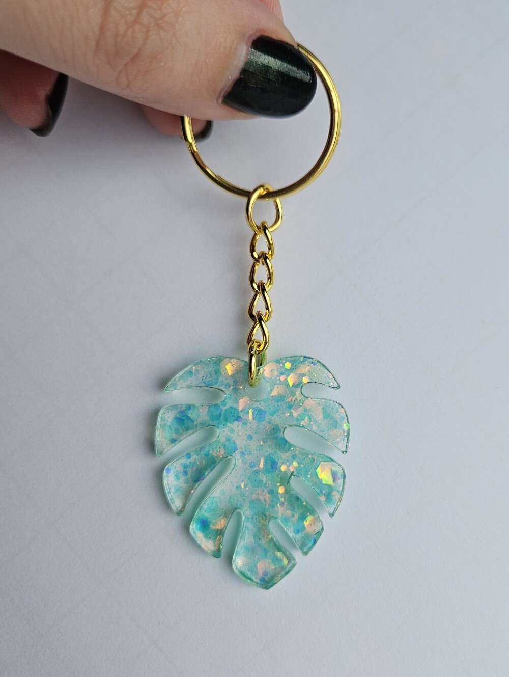 Handmade Monstera Leaf Glitter Keychain Plant Mom Teal Resin Gold Purse Charm